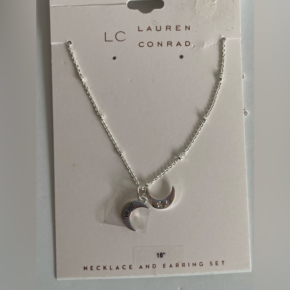 NWT LC Lauren Conrad Silver Double Crescent Moon “Dream”Necklace and Earring Set